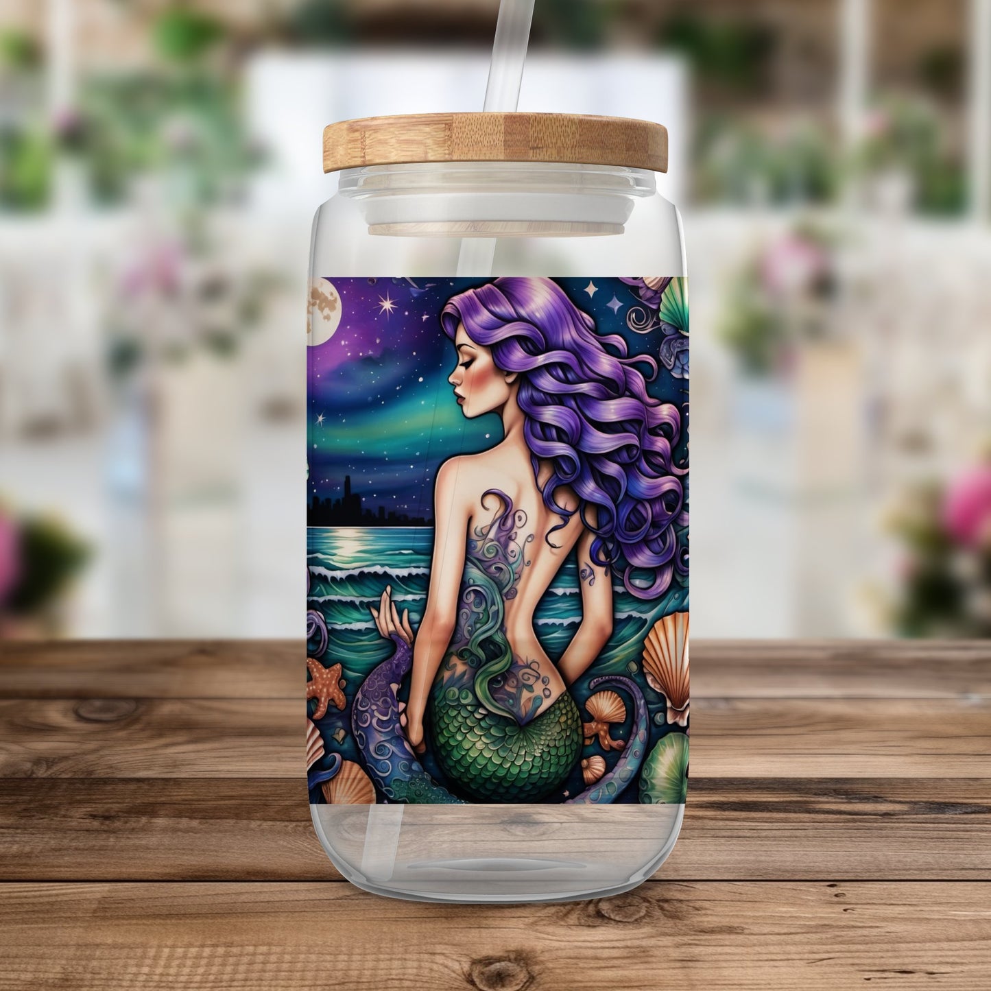 Sea witch Tumbler Wrap, Dark Siren Ocean 20 oz Skinny Sublimation Tumbler Design, Night Beach Seashell Mermaid Scale Tumbler Wrap