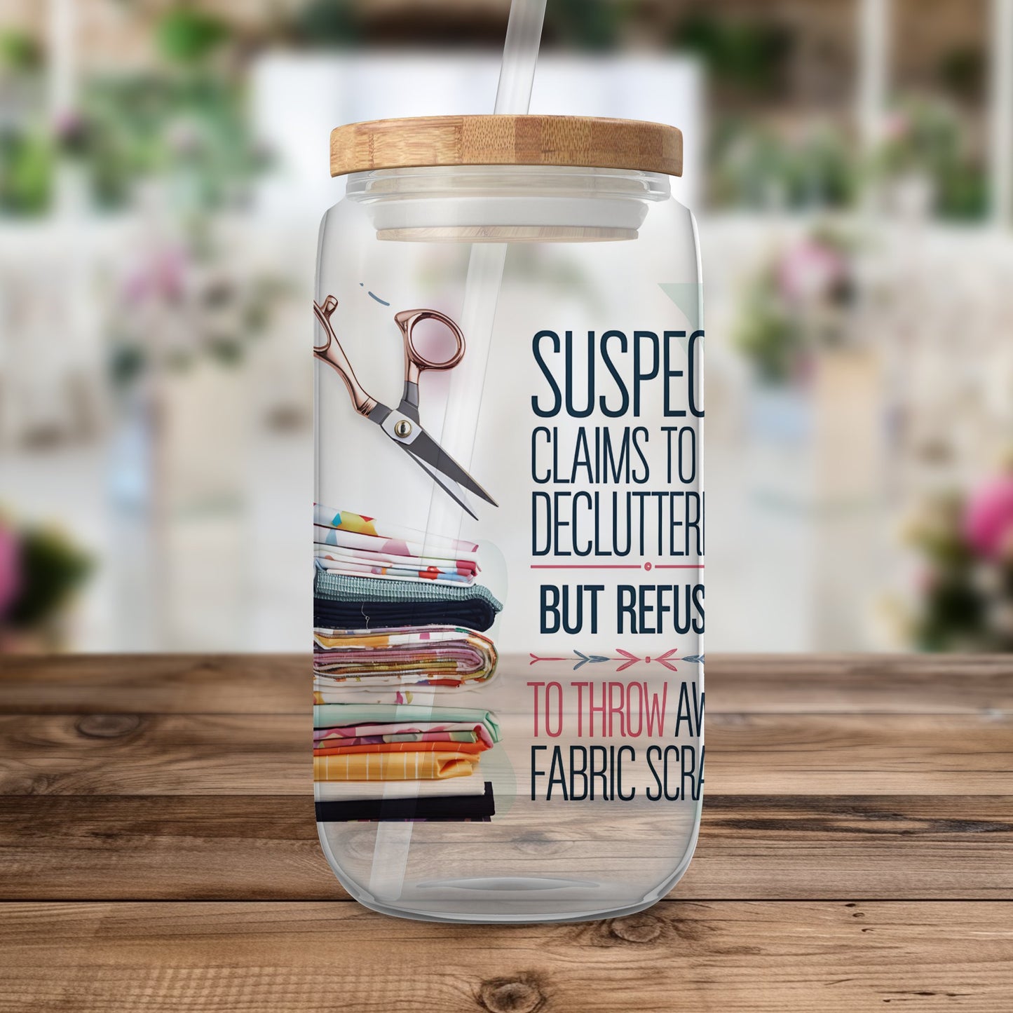 Suspect Claims to Be Decluttering but Refuses to Throw Away Fabric Scraps 20oz Skinny Tumbler Wrap PNG | Sewing & Quilting Sublimation Design