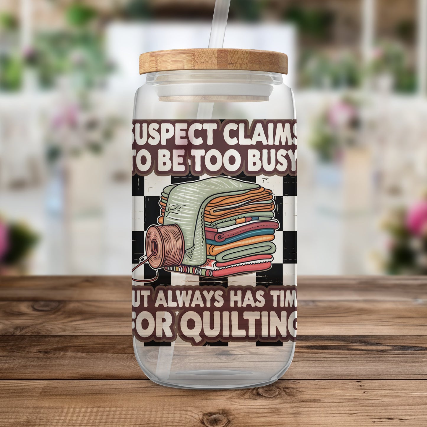 Suspect Claims to Be Too Busy but Always Has Time for Quilting 20oz Tumbler Wrap, Retro Quilting Design, Sewing Lover Sublimation PNG