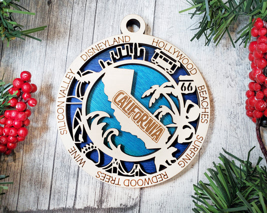 California State Ornament – 3.25” Round Laser Cut Wood Christmas Keepsake | California Gift for Travelers, Surfers, Beach Lovers & Golden State Fans