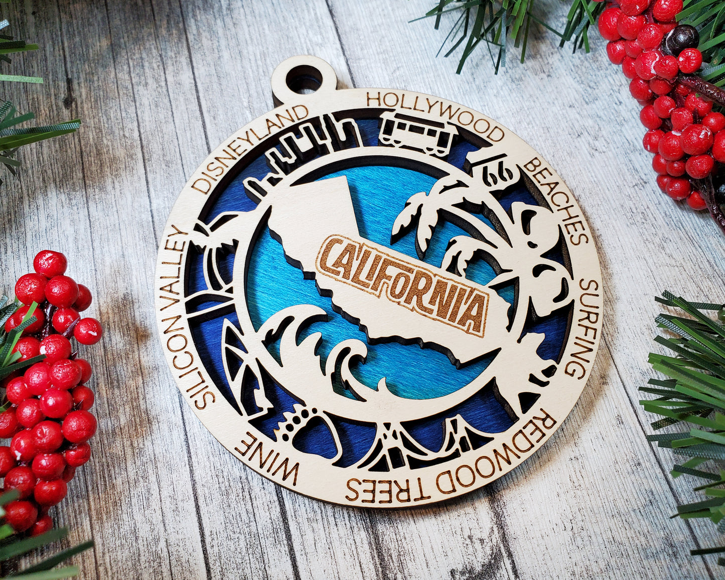 California State Ornament – 3.25” Round Laser Cut Wood Christmas Keepsake | California Gift for Travelers, Surfers, Beach Lovers & Golden State Fans