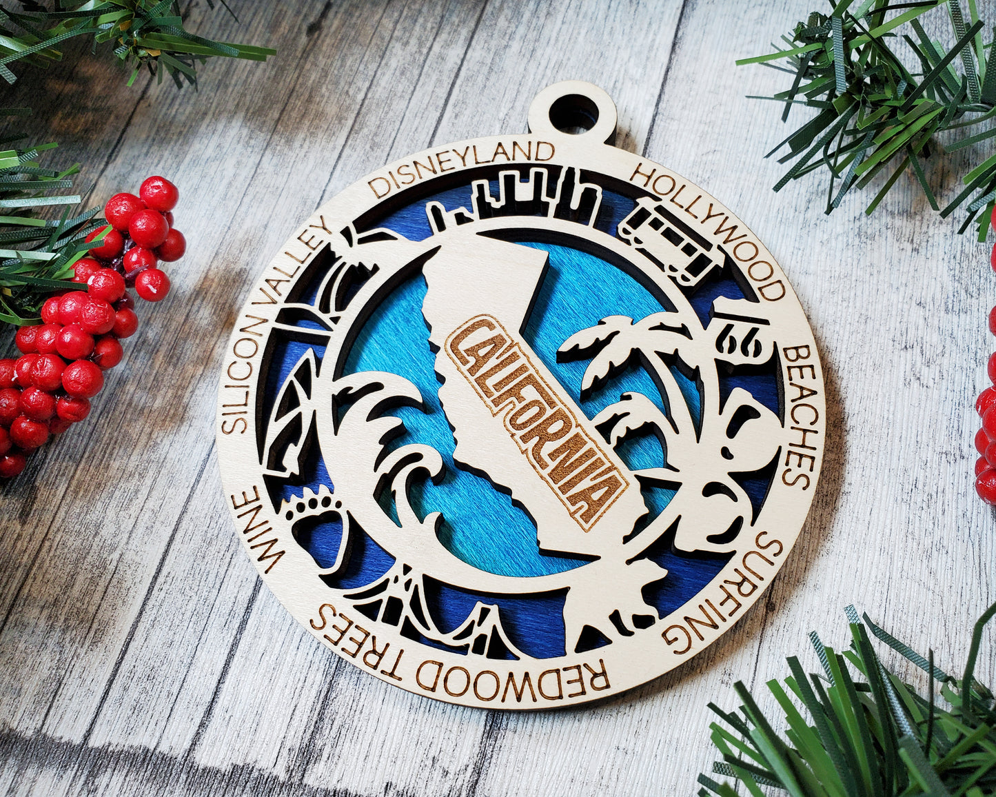 California State Ornament – 3.25” Round Laser Cut Wood Christmas Keepsake | California Gift for Travelers, Surfers, Beach Lovers & Golden State Fans