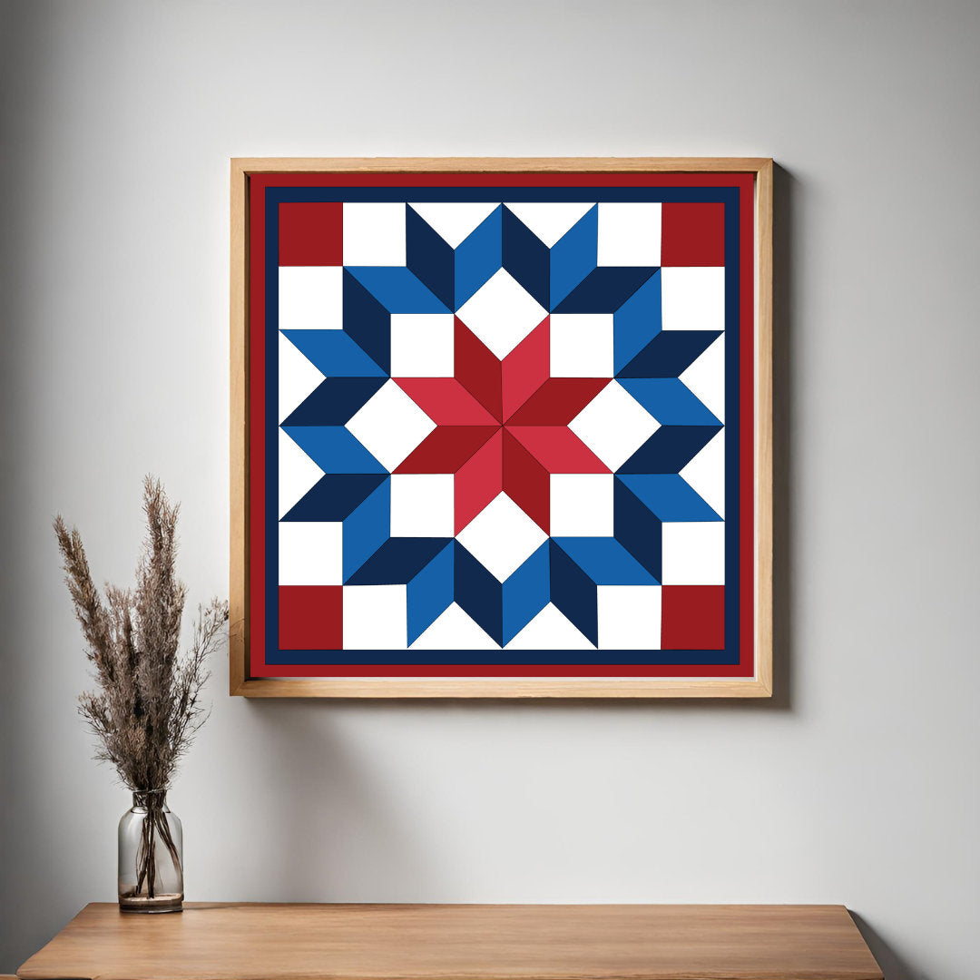 Framed Carpenter Barn Quilt Pattern displayed as farmhouse wall art in a modern living room. Printable digital download for DIY painted barn quilts.