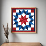 Framed Carpenter Barn Quilt Pattern displayed as farmhouse wall art in a modern living room. Printable digital download for DIY painted barn quilts.