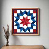 Framed Carpenter Barn Quilt Pattern displayed as farmhouse wall art in a modern living room. Printable digital download for DIY painted barn quilts.