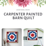 Product cover for the Carpenter Barn Quilt Pattern digital download showing printable patterns, multiple sizes, color guide, and project mockups.