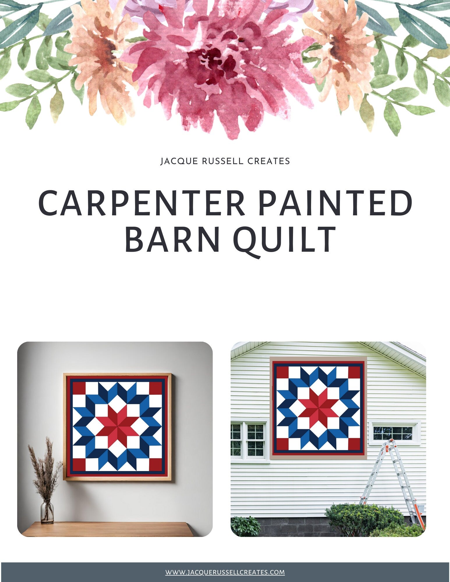 Product cover for the Carpenter Barn Quilt Pattern digital download showing printable patterns, multiple sizes, color guide, and project mockups.
