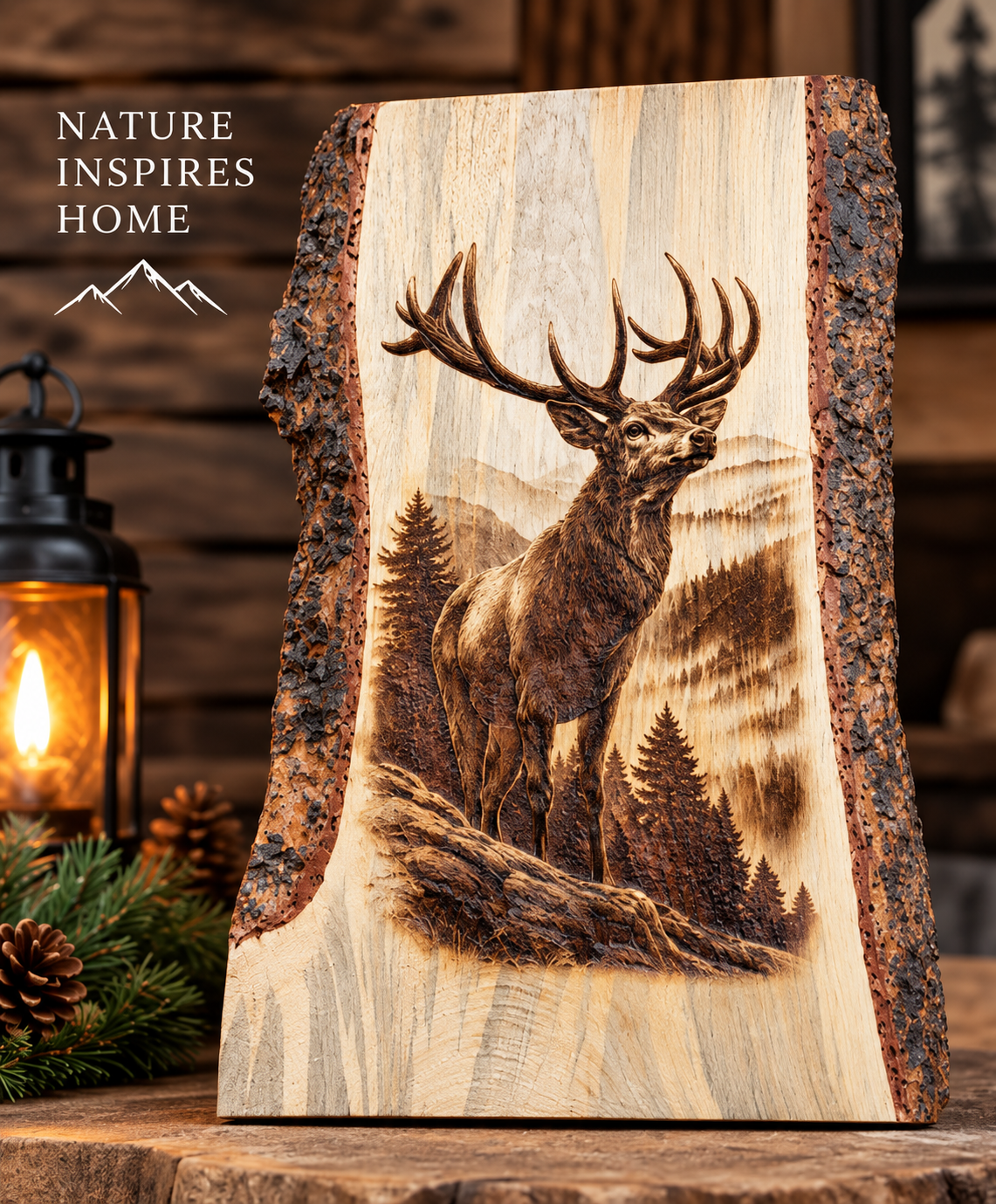 A rustic live-edge wooden sign featuring a detailed laser-burned or engraved stag in a mountain forest scene. The sign is displayed on a wooden surface next to a lit lantern and pinecones, with a wood-paneled background and the text 'NATURE INSPIRES HOME' in the upper left.
