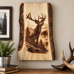 Engraved Elk wall art with live edge on wall