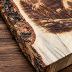 Close-up of a rustic live-edge wooden board with bark on one side, featuring a detailed brown burned or engraved animal and forest design on the top surface, placed on a wood tabletop.