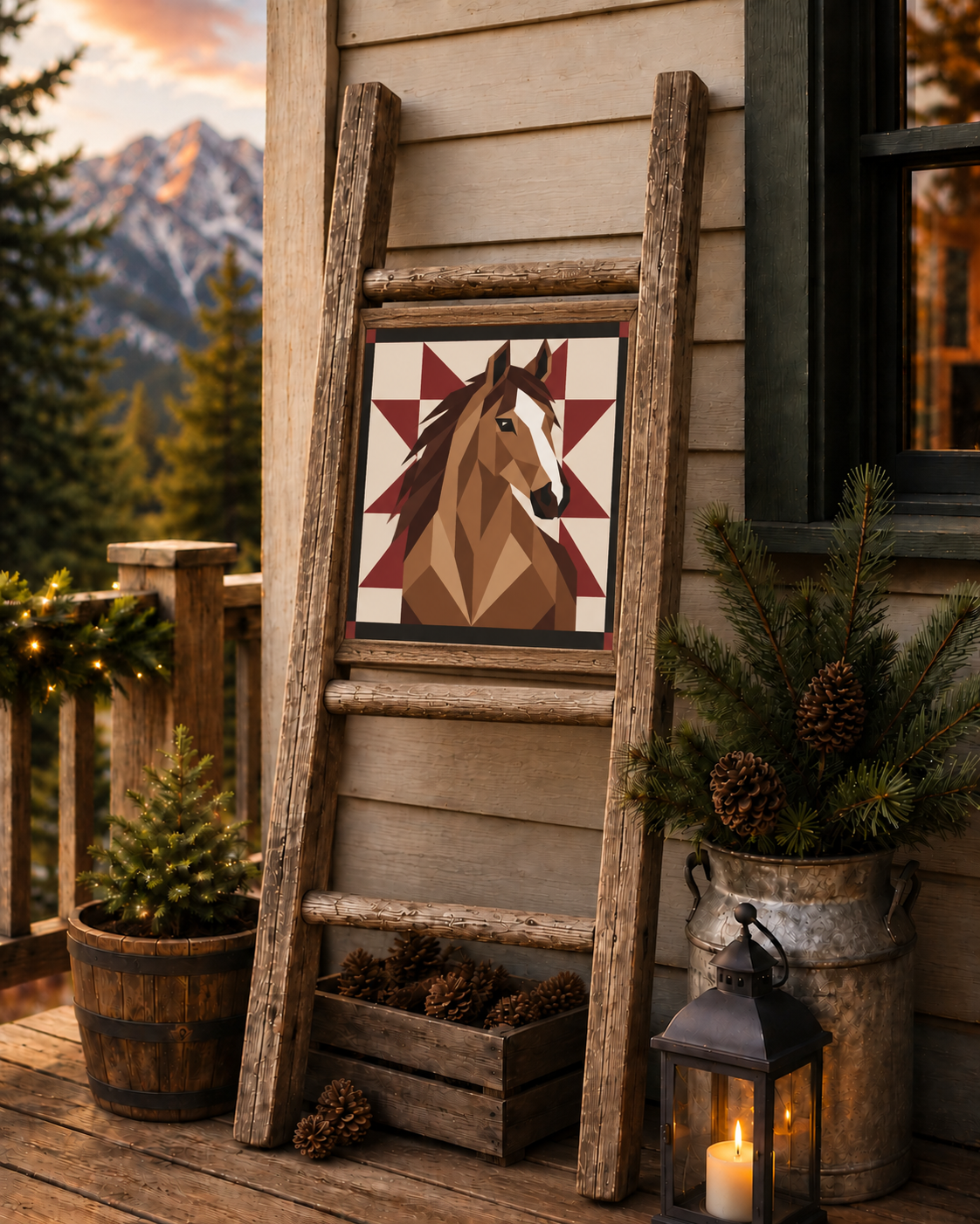 A rustic wooden ladder leans against a beige house exterior on a deck, displaying a geometric horse head art print. The scene is decorated with potted evergreens in galvanized buckets, pinecones in a wooden crate, and a lit lantern, with mountains and evergreens visible in the background.