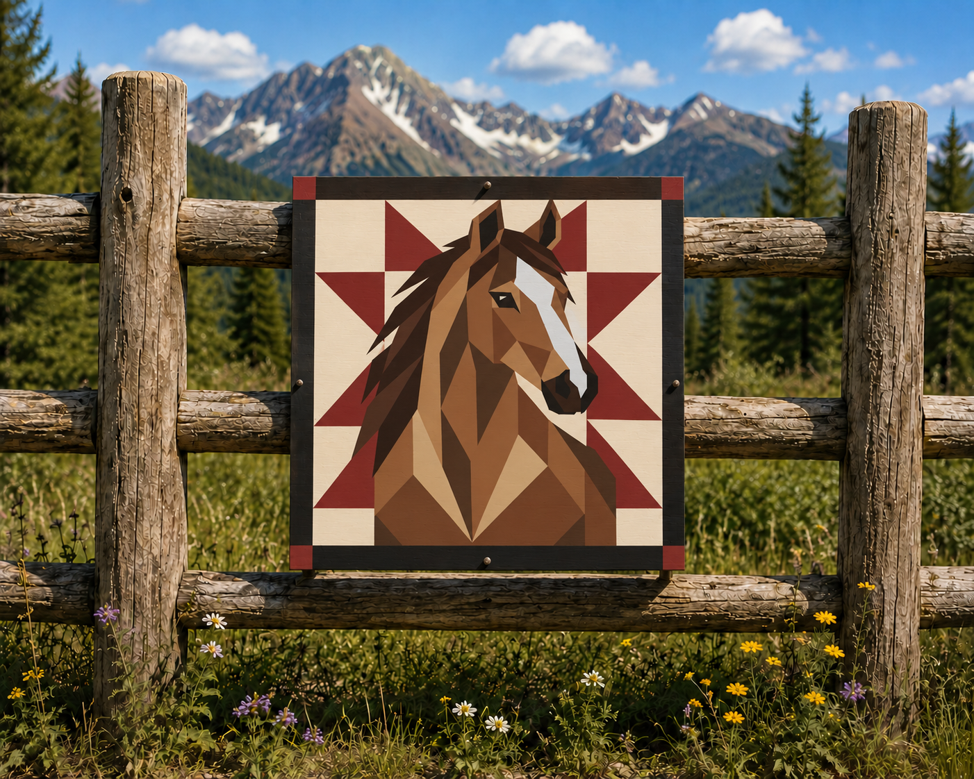 A square decorative wall sign featuring a geometric brown horse head design on a cream and burgundy starburst background, mounted on a rustic wooden fence with mountains and trees behind it.