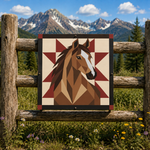 A square decorative wall sign featuring a geometric brown horse head design on a cream and burgundy starburst background, mounted on a rustic wooden fence with mountains and trees behind it.