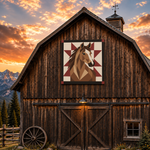 A large framed art print featuring a geometric horse head design hangs on the front of a rustic wooden barn at sunset, with mountains and trees in the background.