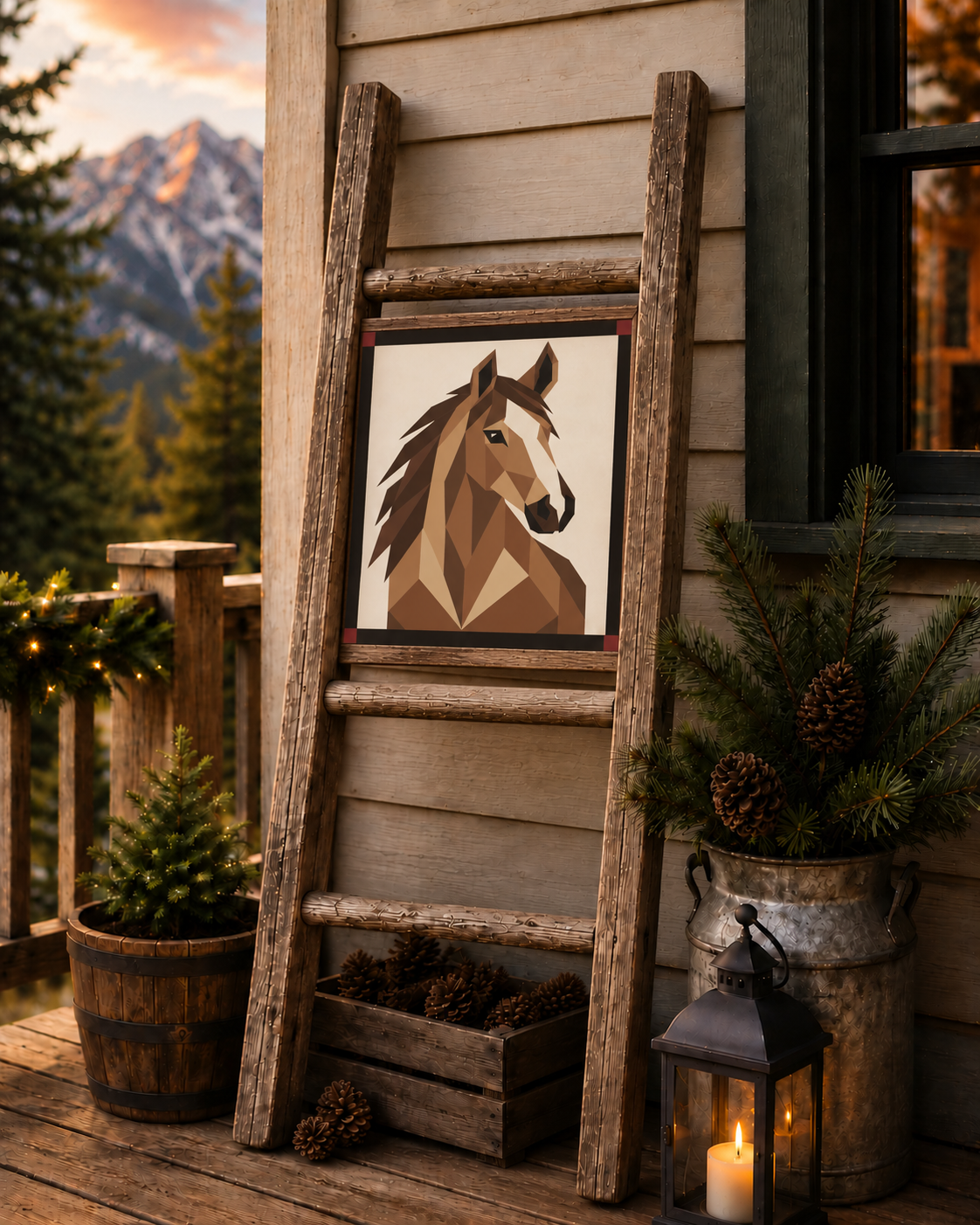 A rustic wooden ladder leaning against a cabin wall displays a square art print of a geometric horse head. The scene is styled with potted evergreens in galvanized buckets, pinecones in a wooden crate, a lit lantern, and mountains in the background.