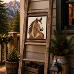A rustic wooden ladder leaning against a cabin wall displays a square art print of a geometric horse head. The scene is styled with potted evergreens in galvanized buckets, pinecones in a wooden crate, a lit lantern, and mountains in the background.