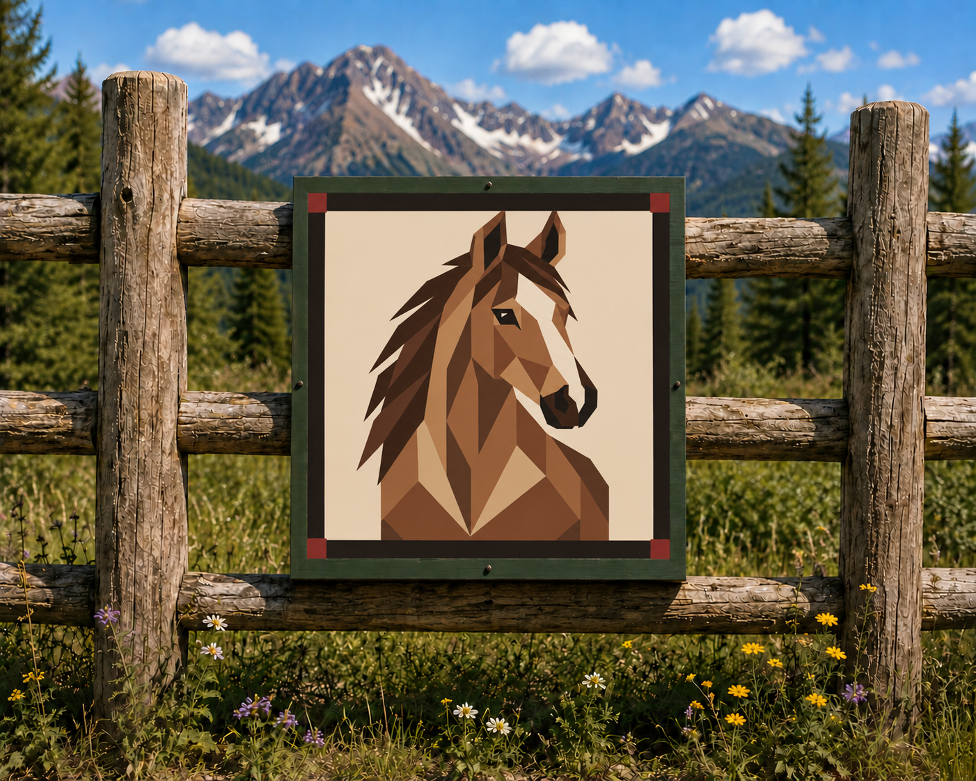 A framed square art print featuring a geometric brown horse head illustration, displayed on a rustic wooden fence with a mountain and forest landscape in the background.
