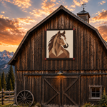 A large framed art print of a geometric horse head hangs on the front of a rustic wooden barn at sunset, with mountains and trees visible in the background.