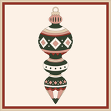 A stylized Christmas ornament illustration centered on a cream background with a rust and beige border. The ornament has a dark green body with pink, cream, and white geometric patterns and a small hanging loop at the top.