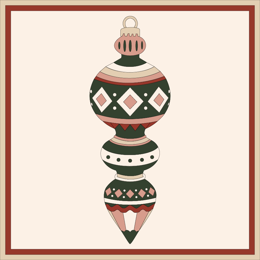 Christmas Keepsake vintage ornament barn quilt pattern featuring geometric Christmas details in forest green, blush pink, brick red, cream, and parchment.