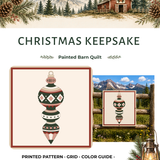 Promotional graphic for a Christmas keepsake quilt pattern, featuring a painted barn scene at the top, the title 'CHRISTMAS KEEPSAKE,' a quilt design with a colorful ornament motif, and a small example panel showing the finished quilt on a rustic mountain fence.