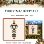 Christmas Keepsake vintage ornament barn quilt pattern featuring geometric Christmas details in forest green, blush pink, brick red, cream, and parchment.