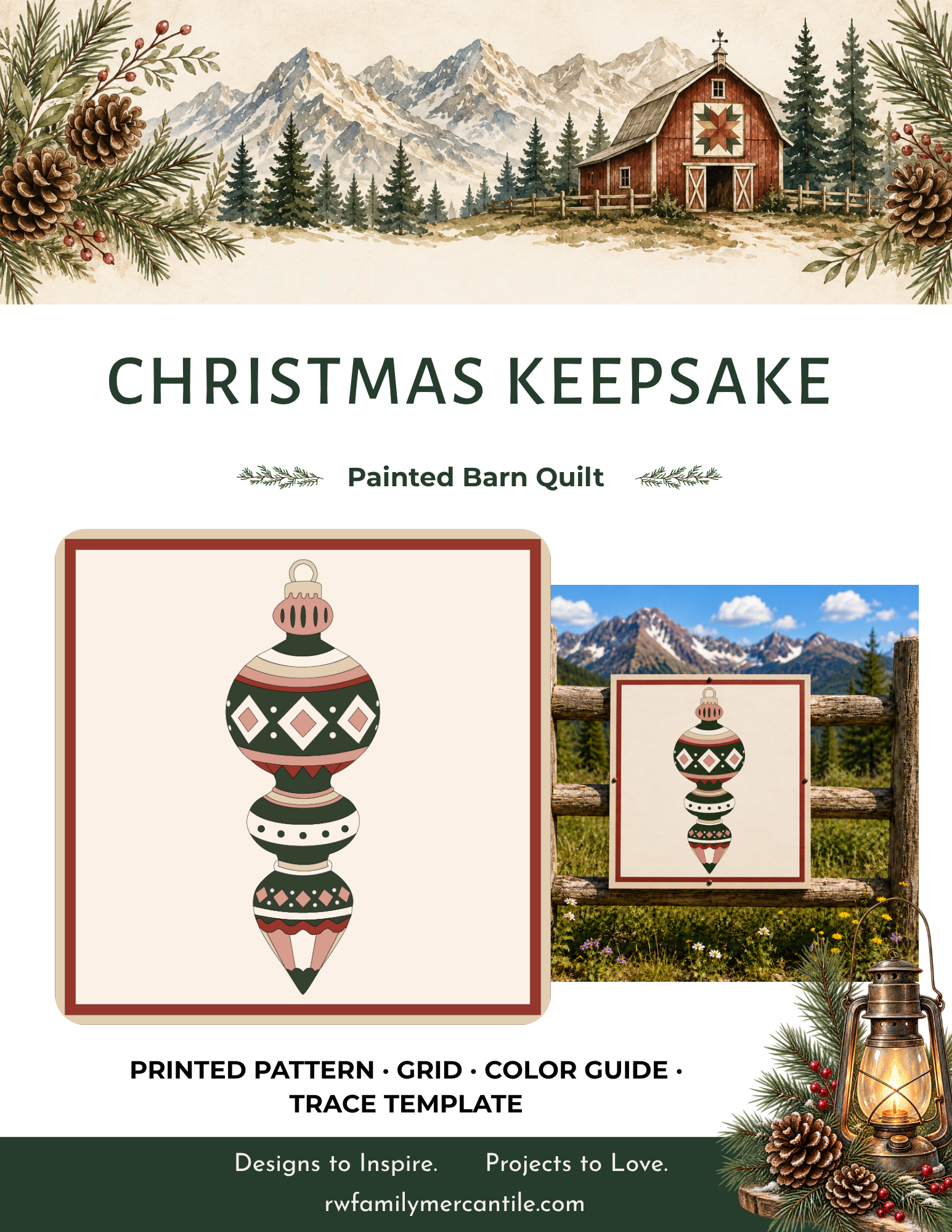 Christmas Keepsake vintage ornament barn quilt pattern featuring geometric Christmas details in forest green, blush pink, brick red, cream, and parchment.