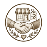 A circular brown line-art illustration showing two hands shaking, with a small storefront, a hanging tag with a checkmark, and a heart at the bottom on a light beige background.