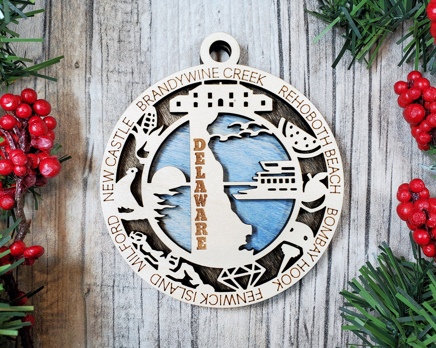 Delaware State Ornament – 3.25” Round Laser Cut Christmas Tree Decoration | Rehoboth Beach, Fenwick Island & Coastal Delaware Gift for Travelers & Locals