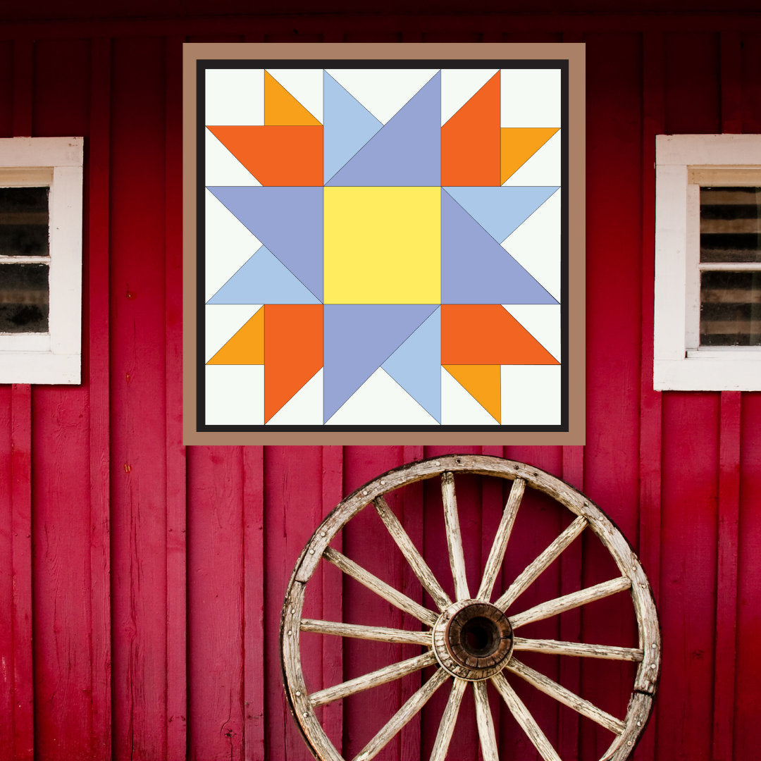 Double Friendship  Barn Quilt Pattern displayed on a rustic red barn with a vintage wagon wheel, showing the finished painted barn quilt outdoors.