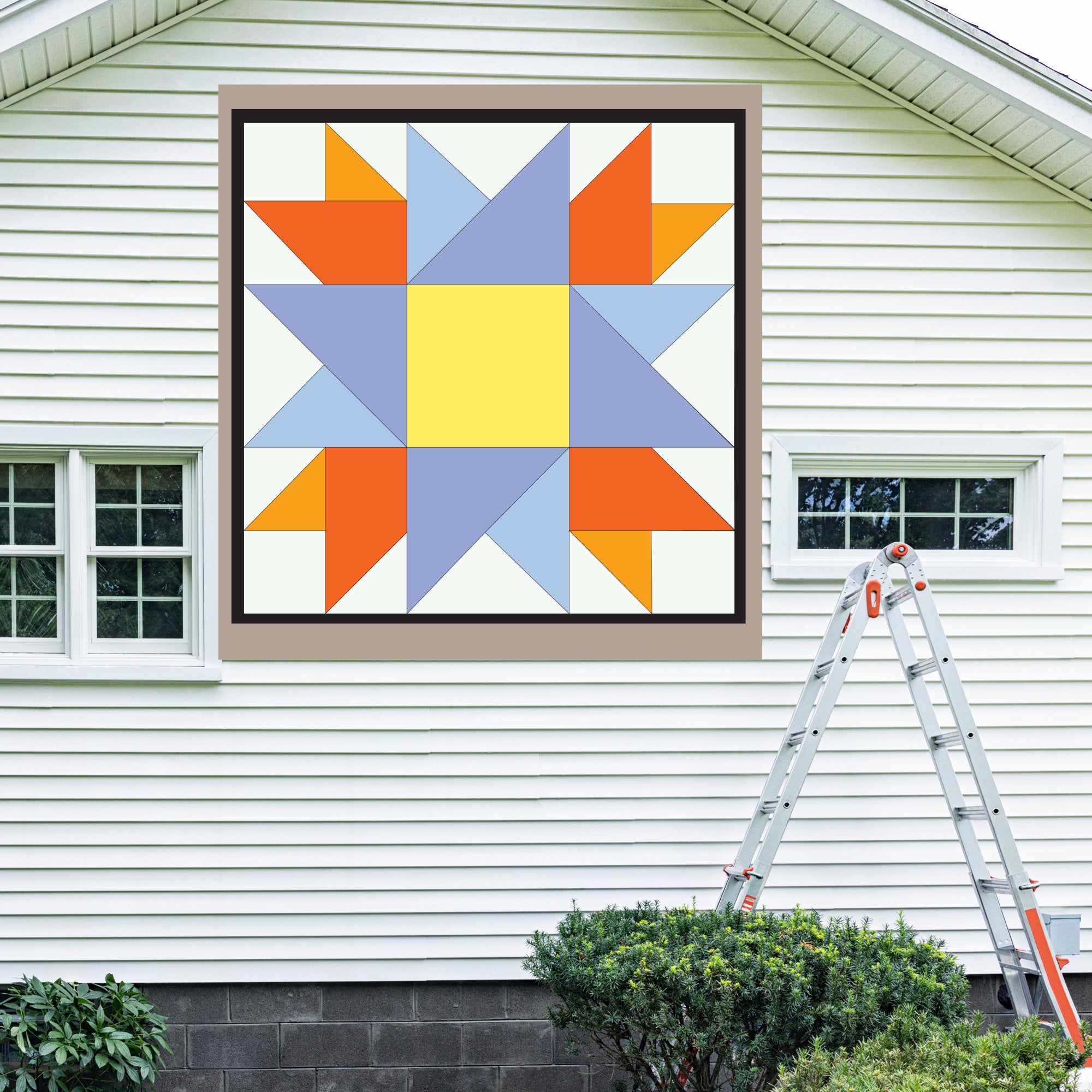 Double Friendship Barn Quilt Pattern displayed on the exterior of a farmhouse, illustrating how the finished painted quilt block looks on a home.