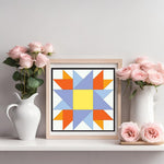 Double Friendship Barn Quilt Pattern displayed as framed farmhouse wall art in a modern living room. Printable digital download for DIY painted barn quilts.