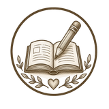 A circular sepia-toned illustration featuring an open book with a pencil resting on top, surrounded by small leaves and a heart on a light background.