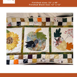 A digital image of a Fall Sampler Mini Quilt, featuring various applique shapes including leaves and flowers on a quilted background. The quilt is marked with the size '22.