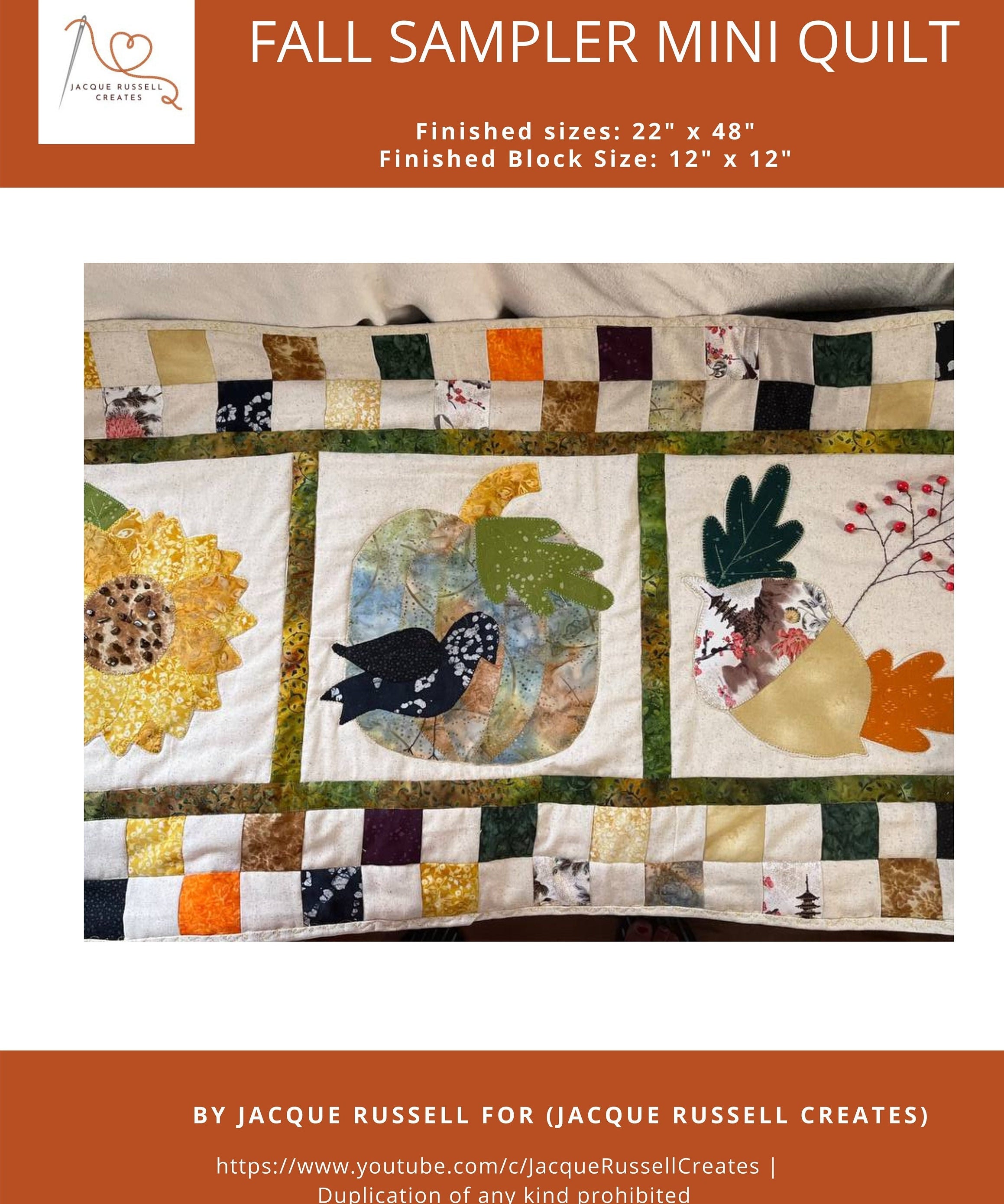 A digital image of a Fall Sampler Mini Quilt, featuring various applique shapes including leaves and flowers on a quilted background. The quilt is marked with the size '22.