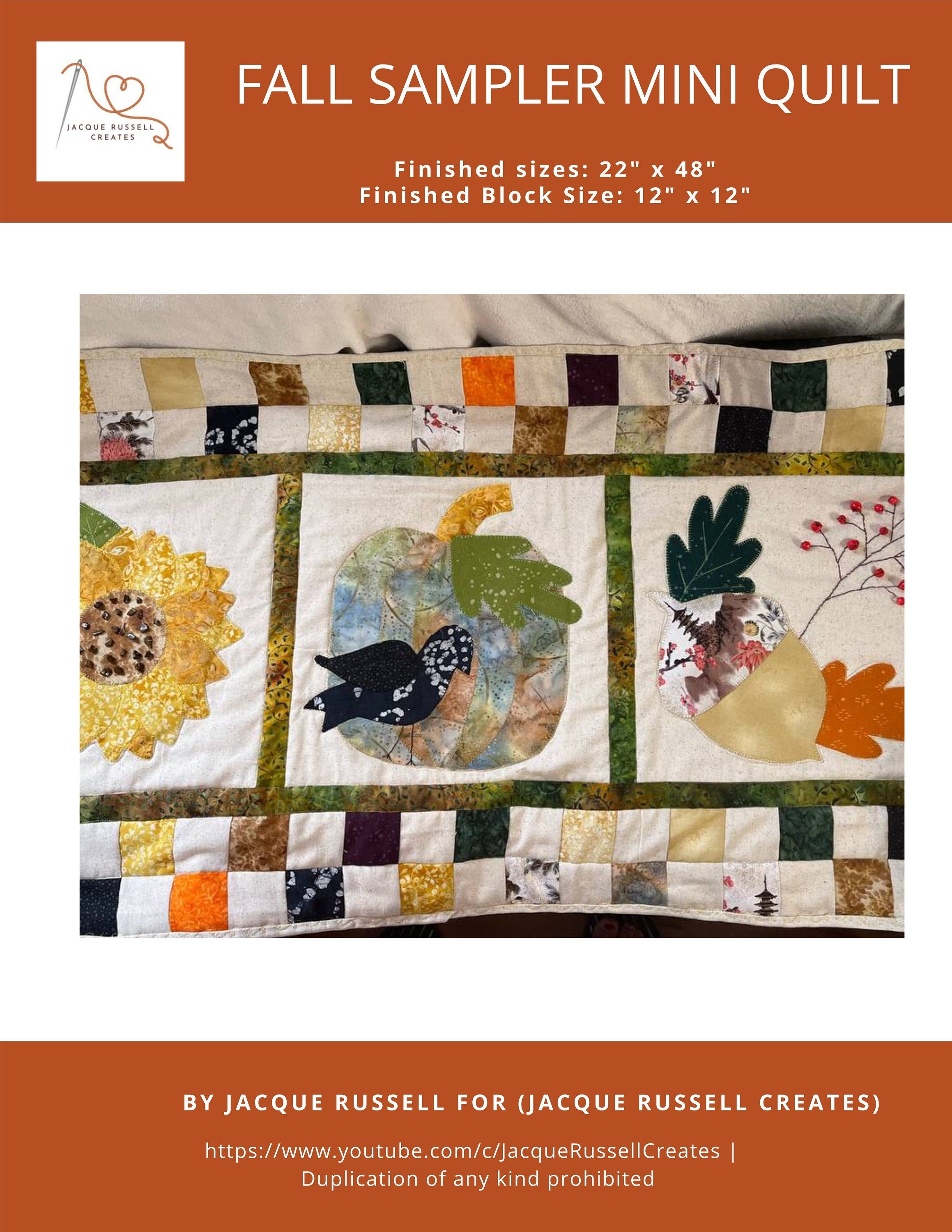 A digital image of a Fall Sampler Mini Quilt, featuring various applique shapes including leaves and flowers on a quilted background. The quilt is marked with the size '22.