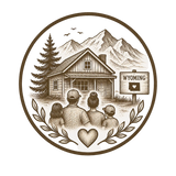 A circular vintage-style illustration in brown linework on a light beige background, showing a small cabin, mountains, a 'Wyoming' sign, a family seen from behind, a heart, and leafy branches.