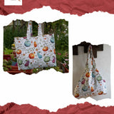 A promotional image featuring two images of a quilted shopping bag with a vibrant, fruit-themed design, and a smaller inset image showing the quilted texture close-up. The bottom part of the image has a caption that reads 'Farmer's Market Bag by Jacque Russell Creates'.