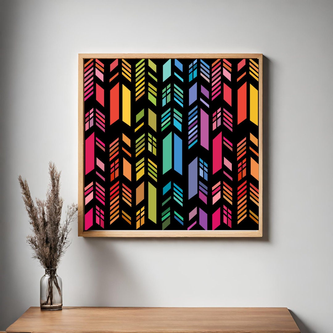 Feather Barn Quilt Pattern displayed as framed farmhouse wall art in a modern living room. Printable digital download for DIY painted barn quilts.