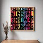 Feather Barn Quilt Pattern displayed as framed farmhouse wall art in a modern living room. Printable digital download for DIY painted barn quilts.