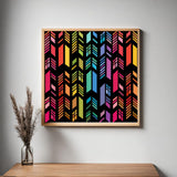 Feather Barn Quilt Pattern displayed as framed farmhouse wall art in a modern living room. Printable digital download for DIY painted barn quilts.