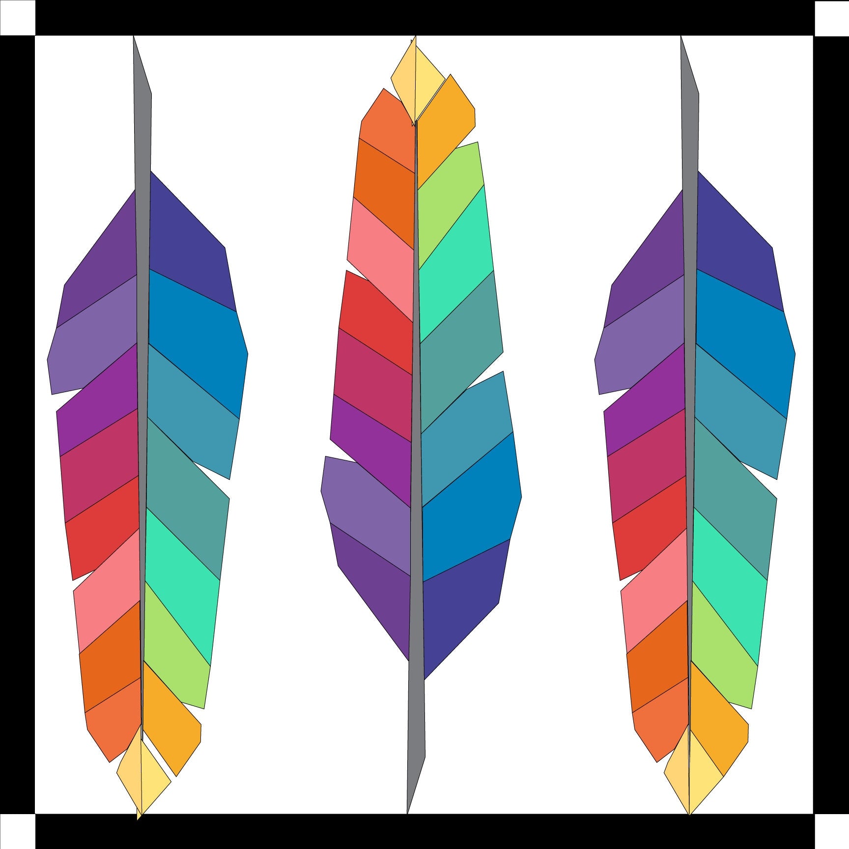 Printable Feathers Barn Quilt Pattern featuring three colorful feather quilt blocks for DIY painted barn quilt projects.