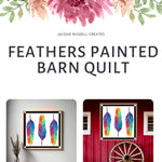 Product cover for the Feathers Barn Quilt Pattern digital download showing printable patterns, multiple sizes, and project mockups.