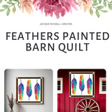 Product cover for the Feathers Barn Quilt Pattern digital download showing printable patterns, multiple sizes, and project mockups.