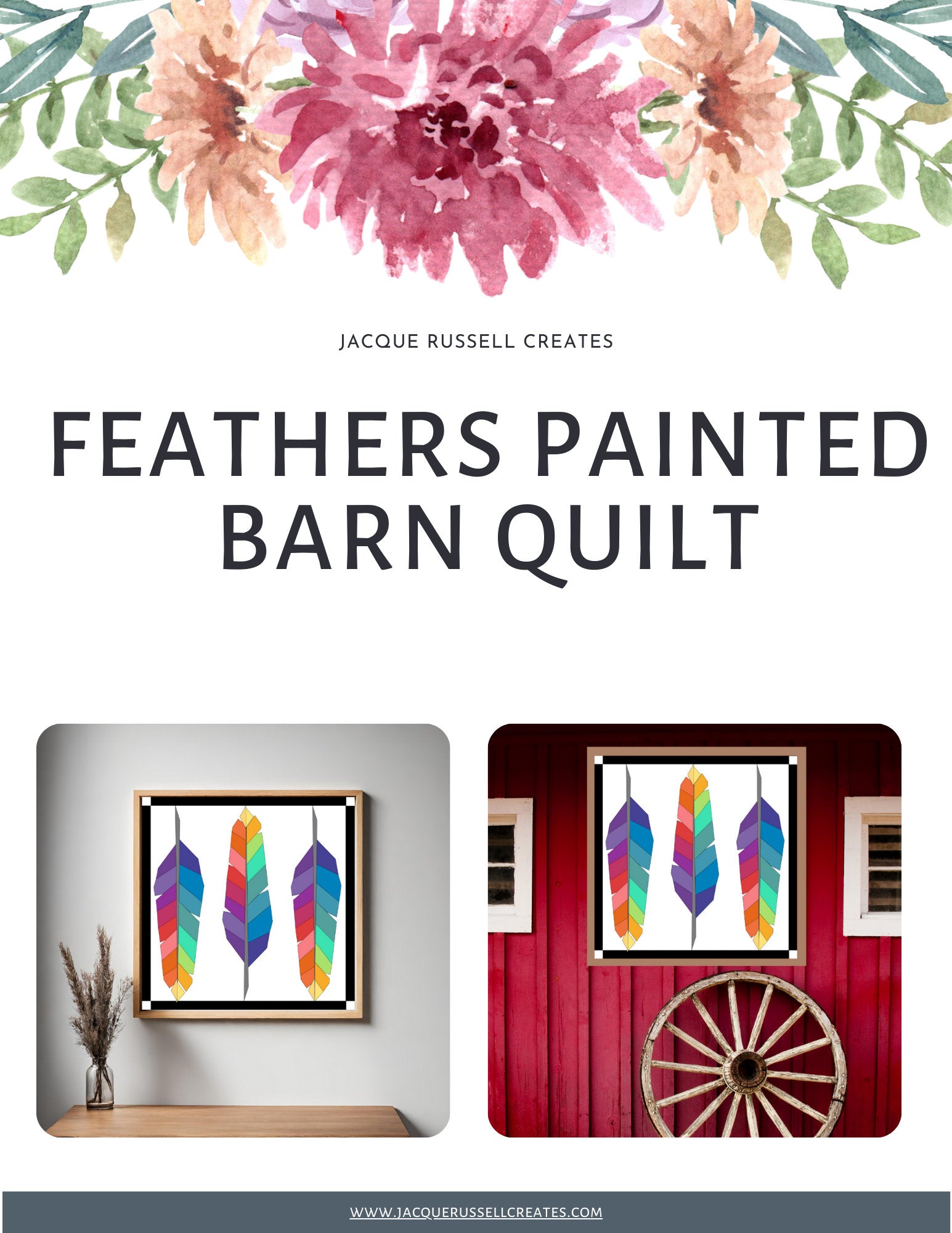 Product cover for the Feathers Barn Quilt Pattern digital download showing printable patterns, multiple sizes, and project mockups.