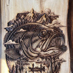 Wooden plaque with engraved fish and nature scene