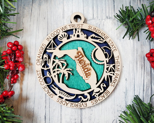 Florida State Ornament – 3.25” Round Laser Cut Sunshine State Christmas Decoration | Beach, Theme Park & Everglades Travel Gift for Floridians