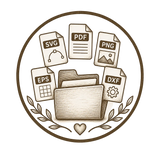 A circular brown line-art illustration on a light beige background, showing a central folder surrounded by file icons labeled SVG, PDF, PNG, EPS, DXF, with a small heart and leaf motif below.