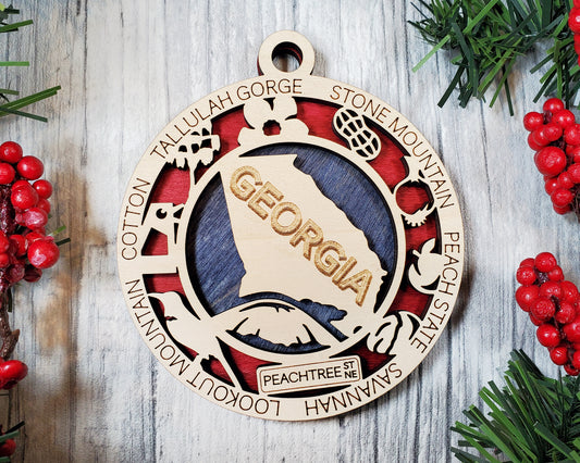 Georgia State Ornament – 3.25” Round Laser Cut Peach State Christmas Decoration | Georgia Peach Gift for Southerners, Travelers & Georgia Natives