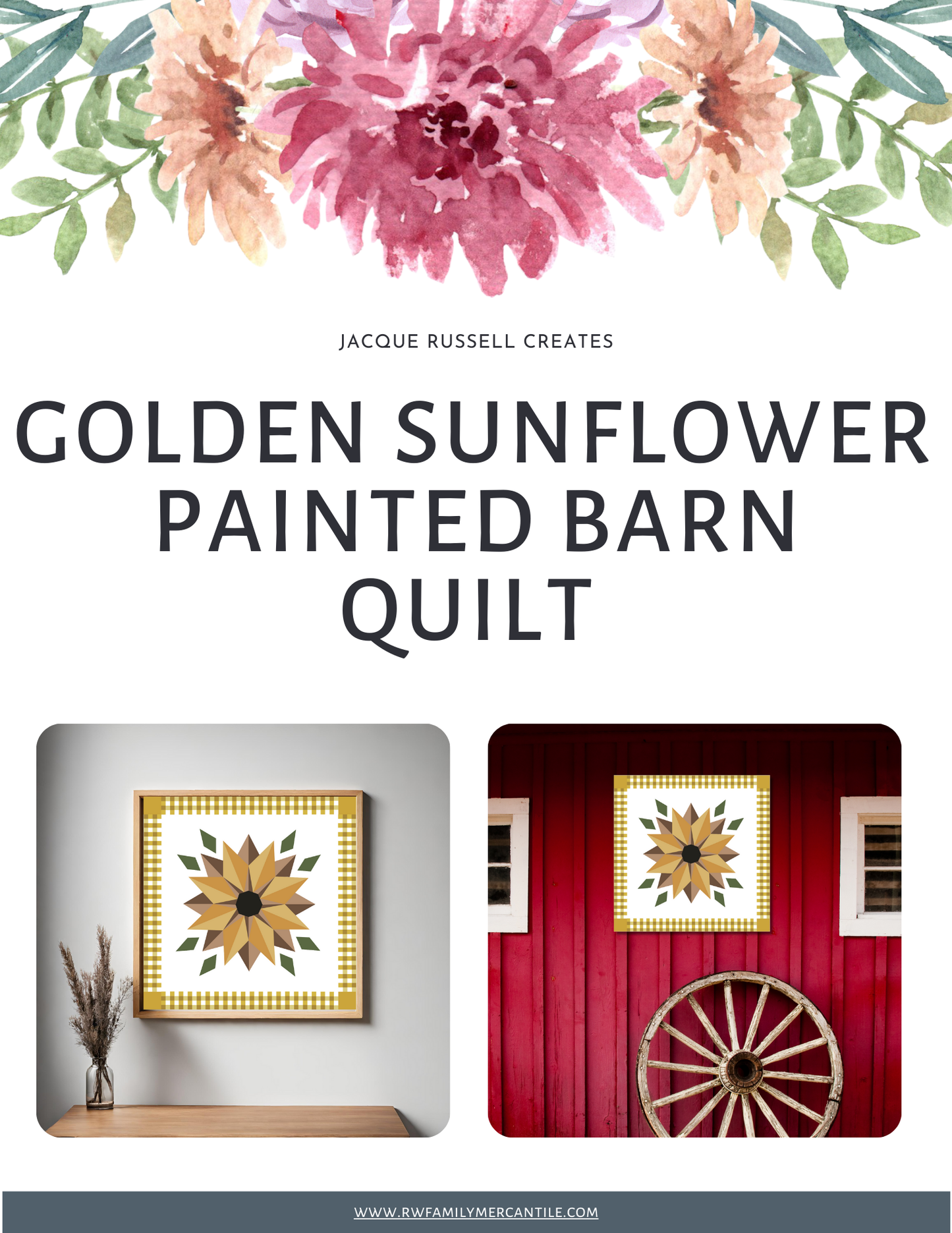 Golden Sunflower Barn Quilt Pattern - Digital Download | DIY Farmhouse Quilt Block | PDF Guide in 12x12", 24x24", & 48x48"
